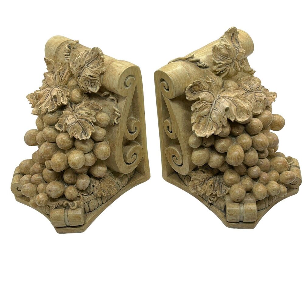 BookEnds 1998 Grapes Vineyard Scroll Retro Resin Greek Roman Revival Creamy Tan